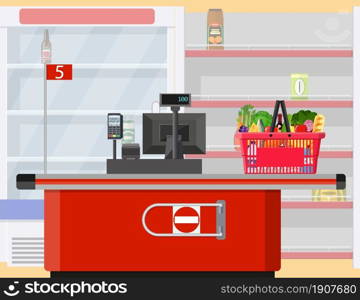 Supermarket store interior with empty store shelves. Big shopping mall. Interior store inside. Checkout counter. Vector illustration in flat style. Supermarket store interior with goods.