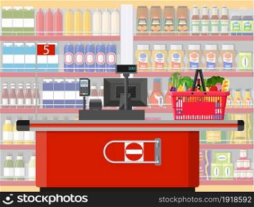 Supermarket store interior with goods. Big shopping mall. Interior store inside. Checkout counter, grocery, drinks, food, fruits, dairy products. Vector illustration in flat style. Supermarket store interior with goods.