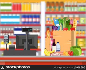 Supermarket store interior with goods. Big shopping mall. Interior store inside. Checkout counter with cash register, grocery, drinks, food, fruits, dairy products. Vector illustration in flat style. Supermarket store interior with goods.