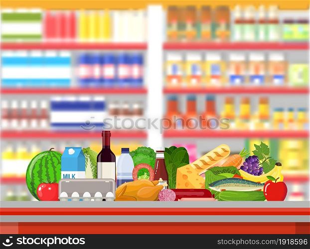Supermarket store interior with goods. Big shopping mall. Interior store inside. Checkout counter, grocery, drinks, food, fruits, dairy products. Vector illustration in flat style. Supermarket store interior with goods.