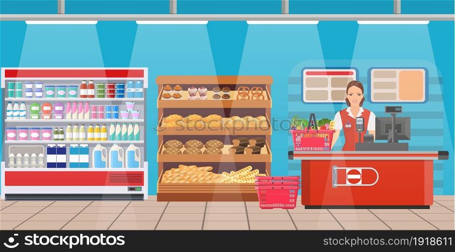 Supermarket store interior with goods. Big shopping mall. Interior store inside. Sales Woman Stand Near Cash Desk Vector illustration in flat style. Supermarket store interior with goods.
