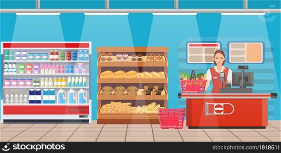 Supermarket store interior with goods. Big shopping mall. Interior store inside. Sales Woman Stand Near Cash Desk Vector illustration in flat style. Supermarket store interior with goods.