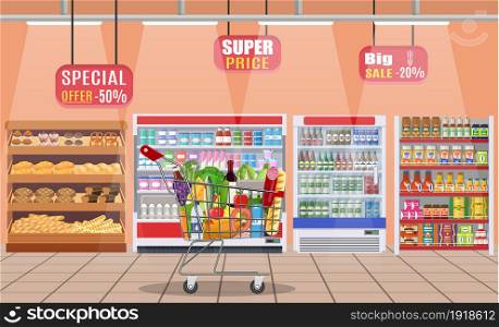 Supermarket store interior with goods. Big shopping mall. Interior store inside. Grocery, drinks, food, fruits, dairy products. Vector illustration in flat style. Supermarket store interior with goods.