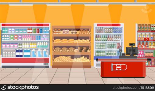 Supermarket store interior with goods. Big shopping mall. Interior store inside.. Supermarket interior. shelves with products.