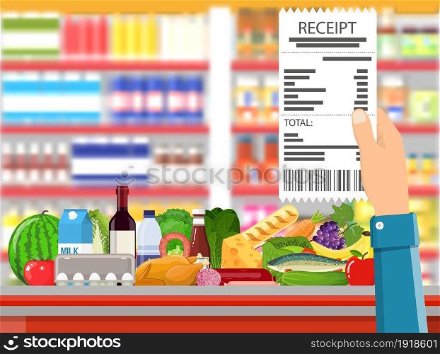 Supermarket store interior with goods. Hand with receipt. Big shopping mall. Interior store inside. Checkout counter, grocery, drinks, food, fruits, dairy products. Vector illustration in flat style. Supermarket store interior with goods.