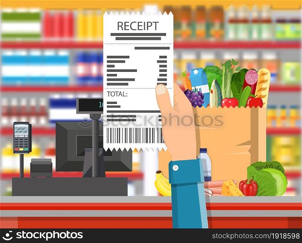 Supermarket store interior with goods. Hand with receipt. Interior store inside. Checkout counter with cash register, grocery, drinks, food, fruits, dairy products. Vector illustration in flat style. Supermarket store interior with goods.