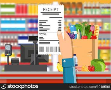 Supermarket store interior with goods. Hand with receipt. Interior store inside. Checkout counter with cash register, grocery, drinks, food, fruits, dairy products. Vector illustration in flat style. Supermarket store interior with goods.