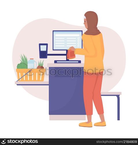Supermarket terminal 2D vector isolated illustration. Woman scanning products at store checkout flat characters on cartoon background. Everyday situation and common tasks colourful scene. Supermarket terminal 2D vector isolated illustration