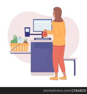 Supermarket terminal 2D vector isolated illustration. Woman scanning products at store checkout flat characters on cartoon background. Everyday situation and common tasks colourful scene. Supermarket terminal 2D vector isolated illustration
