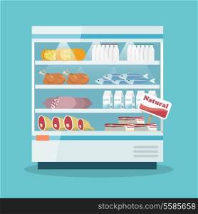 Supermarket thermocool refrigerator shelves food collection with milk fish meat cheese chicken sausage cake flat vector illustration