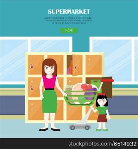 Supermarket Vector Web Banner in Flat Design. . Supermarket vector web banner in flat style. Woman and child characters standing near lockers after shopping in grocery shop. Illustration for stores and retail companies web page design.