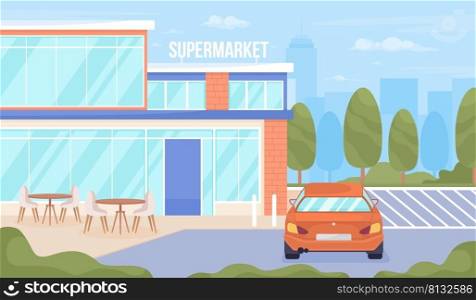 Supermarket with cafe and parking lots flat color vector illustration. Urban infrastructure. Fully editable 2D simple cartoon cityscape with modern town on background. Bebas Neue font used. Supermarket with cafe and parking lots flat color vector illustration