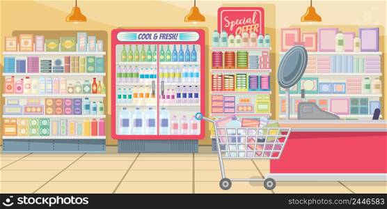 Supermarket with food shelves vector illustration. Modern shop in pink color with full shopping cart at cashier. Interior illustration