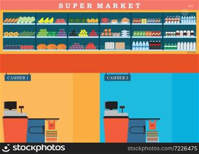 Supermarket with fresh food on shelves and counter cashier, Flat vector illustration.