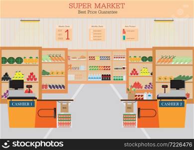 Supermarket with fresh food on shelves and counter cashier, Flat vector illustration.
