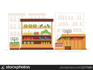 Supermarket with Shelves, Grocery Items and Full Shopping Cart, Retail, Products and Consumers in Flat Cartoon Background Illustration
