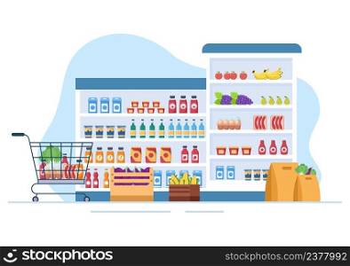 Supermarket with Shelves, Grocery Items and Full Shopping Cart, Retail, Products and Consumers in Flat Cartoon Background Illustration