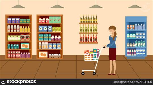Supermarket. Woman with shopping cart choosing and buying products at grocery store. Vector flat illustration.