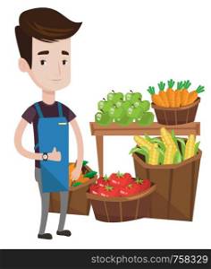 Supermarket worker giving thumb up. Supermarket worker standing on the background of shelves with vegetables and fruits in supermarket. Vector flat design illustration isolated on white background.. Friendly supermarket worker vector illustration.