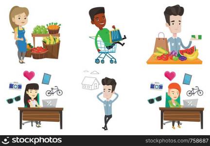 Supermarket worker giving thumb up. Young supermarket worker standing on the background of shelves with vegetables and fruits. Set of vector flat design illustrations isolated on white background.. Vector set of shopping people characters.
