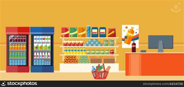 Supermarkets and grocery stores. Retail shop for buy product on shelf, purchase and department food, sale and cart with variety food, interior hypermarket section marketplace, vector illustration