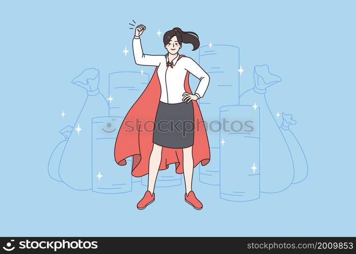 Superpower and feeling string concept. Young smiling business woman wearing red cape standing feeling powerful and successful vector illustration . Superpower and feeling string concept.