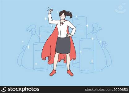 Superpower and feeling string concept. Young smiling business woman wearing red cape standing feeling powerful and successful vector illustration . Superpower and feeling string concept.