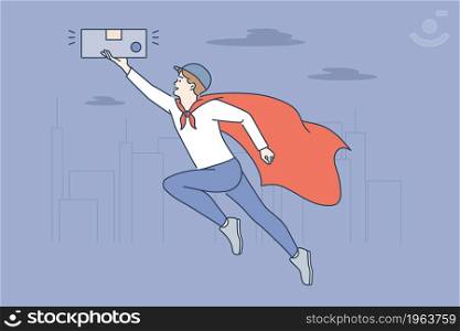 Superpower and internet technologies concept. Smiling man business person flying in superman cape with smartphone in hands vector illustration . Superpower and internet technologies concept