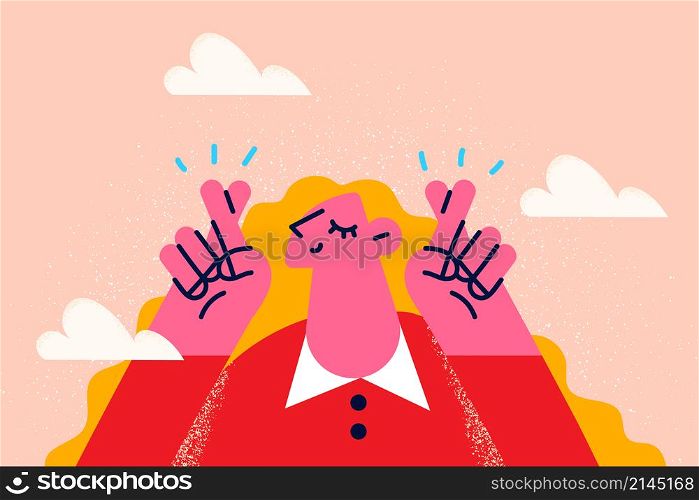 Superstition happy young woman cross fingers make wish for good fate or destiny. Smiling millennial girl make hand gesture believe in good luck. Faith and belief. Flat vector illustration. . Happy woman cross fingers make wish