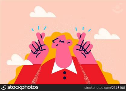 Superstition happy young woman cross fingers make wish for good fate or destiny. Smiling millennial girl make hand gesture believe in good luck. Faith and belief. Flat vector illustration. . Happy woman cross fingers make wish