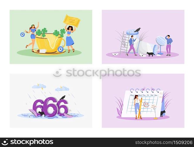 Superstitions flat concept vector illustrations set. Good and bad luck metaphors. Superstitious people 2D cartoon characters. Positive symbols, lucky amulets. Unfortunate numbers and misfortune signs