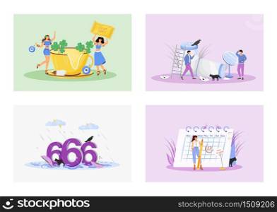 Superstitions flat concept vector illustrations set. Good and bad luck metaphors. Superstitious people 2D cartoon characters. Positive symbols, lucky amulets. Unfortunate numbers and misfortune signs