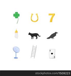 Superstitious symbols flat color vector objects set. Various good and bad luck signs 2D isolated cartoon illustrations on white background. Four leaf clover, lucky seven, black cat and rabbit foot