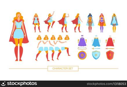 Superwoman Character Constructor Isolated, Trendy Flat Design Elements Set. Female Superhero in Various Poses, Body Parts, Face Expressions, Colorful Cape, Face Mask, Shield and Weapon Illustrations