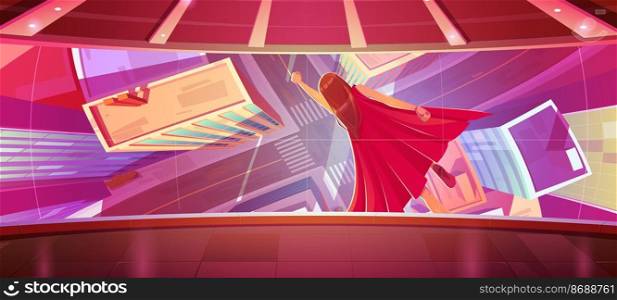 Superwoman flying with raised hand on cinema screen. Cartoon super hero girl in red cape fly in sky above modern city with houses and road top view. Movie about powerful female, Vector illustration. Superwoman fly with raised hand on cinema screen