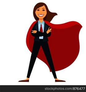 Superwoman in formal office suit with red tie and cloak. Modern strong and powerful female character. Cheerful girl superhero in strong pose isolated cartoon vector illustration on white background.. Superwoman in formal office suit with red tie and cloak
