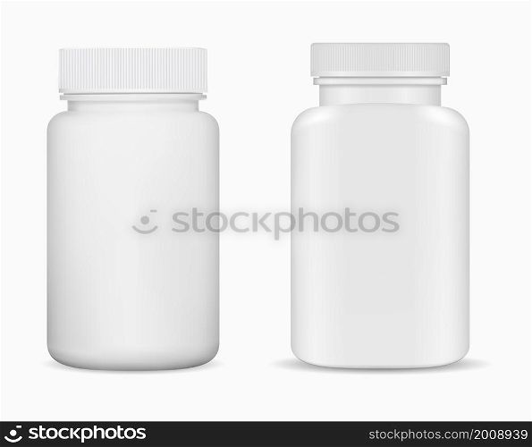 Supplement bottle isolated jar blank. Pill container vector template, medicine package mockup, pharmacy tablet can illustration. Antibiotic cure capsule can. Supplement bottle isolated jar blank. Pill container
