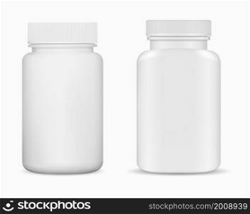 Supplement bottle isolated jar blank. Pill container vector template, medicine package mockup, pharmacy tablet can illustration. Antibiotic cure capsule can. Supplement bottle isolated jar blank. Pill container