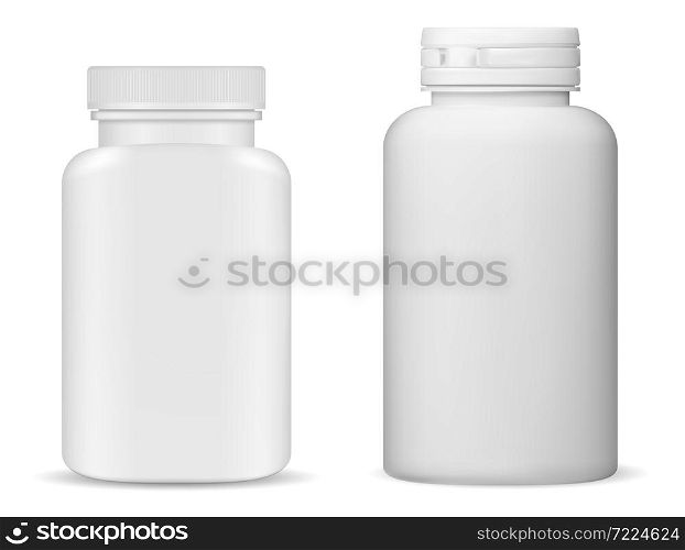 Supplement bottle mockup. Vitamin pill bottle, isolated white plastic container. Medicine capsule jar blank. Pharmaceutical medicament product package design. Realistic antibiotic drugs bottle. Supplement bottle mockup. Vitamin pill bottle