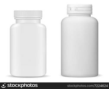 Supplement bottle mockup. Vitamin pill bottle, isolated white plastic container. Medicine capsule jar blank. Pharmaceutical medicament product package design. Realistic antibiotic drugs bottle. Supplement bottle mockup. Vitamin pill bottle