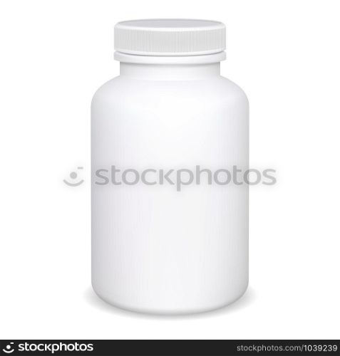 Supplement bottle. Pill container mockup. White medical jar blank isolated template. Vitamin or aspirin capsule box design. Pharmaceutical remedy drug plastic packaging. Health care cure with lid. Supplement bottle. Pill container mockup. Jar