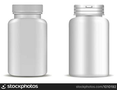 Supplement bottle. Pill jar mockup. Medicine white vector plastic package design. 3d medical container blank. Vitamin tablet box. Pharmaceutical capsule can illustration collection. Supplement Bottle. Pill Jar Mockup. Medicine