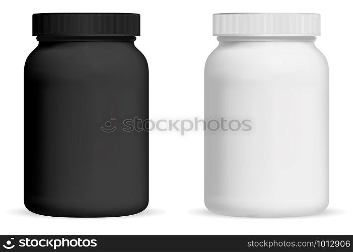 Supplement bottle. Pill package mockup. Black and white medicine vitamin plastic jar. 3d container for pharmaceutical remedy. Sport can for bodybuilding whey protein powder. Healthy food. Supplement bottle. Pill package mockup. Vitamin