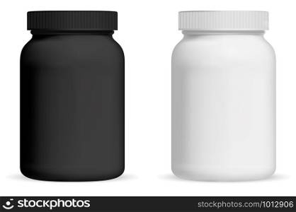 Supplement bottle. Pill package mockup. Black and white medicine vitamin plastic jar. 3d container for pharmaceutical remedy. Sport can for bodybuilding whey protein powder. Healthy food. Supplement bottle. Pill package mockup. Vitamin