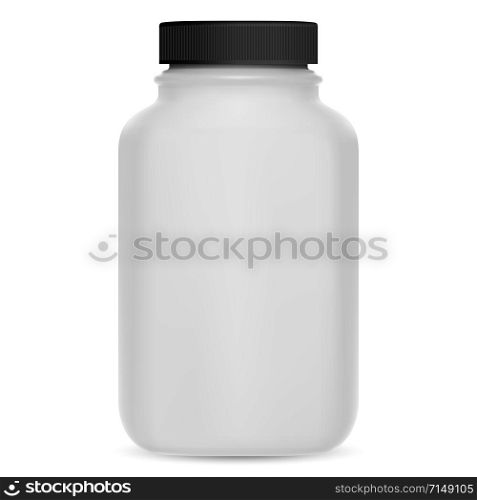 Supplement bottle. Vitamin pill 3d package mockup. Plastic medicine container for tablet, capsule. Medical jar design without logo for health care drugs. Glossy cylinder pack for protein powder. Supplement bottle. Vitamin pill 3d package mockup