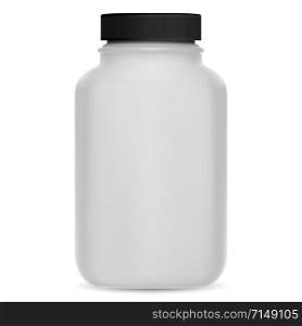 Supplement bottle. Vitamin pill 3d package mockup. Plastic medicine container for tablet, capsule. Medical jar design without logo for health care drugs. Glossy cylinder pack for protein powder. Supplement bottle. Vitamin pill 3d package mockup