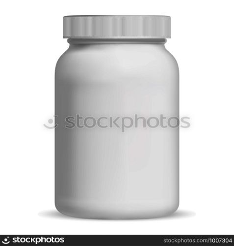 Supplement Bottle. Vitamin Pill Bottle. Aspirin Jar Vector Mockup. Empty Medical Container Blank. 3d Farmaceutical Package Template with Cap for Capsule. Large Protein Nutrition Canister. Powder Drink. Supplement Bottle. Vitamin Pill Bottle. Jar Mockup