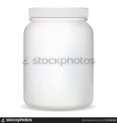 Supplement bottle. White plastic protein container for bodybuilding sport. Cylinder can design mockup. Gym nutritional tablets canister with cap. Health pill box. Supplement bottle. White plastic protein container