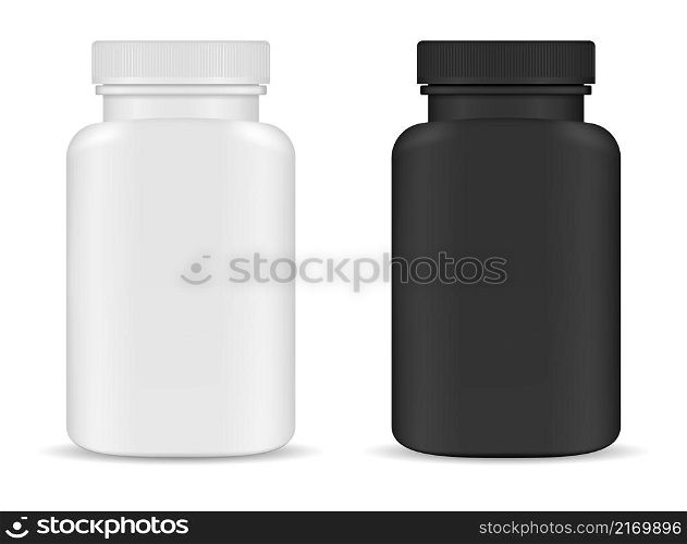 Supplement bottle. White plastic vitamin pill jar vector blank mockup. Medicine tablet box, black drug can. Capsule medicament cylinder bottle illustration, antibiotic remedy. Supplement bottle. White plastic vitamin pill jar