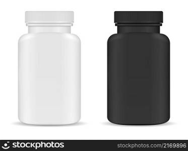 Supplement bottle. White plastic vitamin pill jar vector blank mockup. Medicine tablet box, black drug can. Capsule medicament cylinder bottle illustration, antibiotic remedy. Supplement bottle. White plastic vitamin pill jar